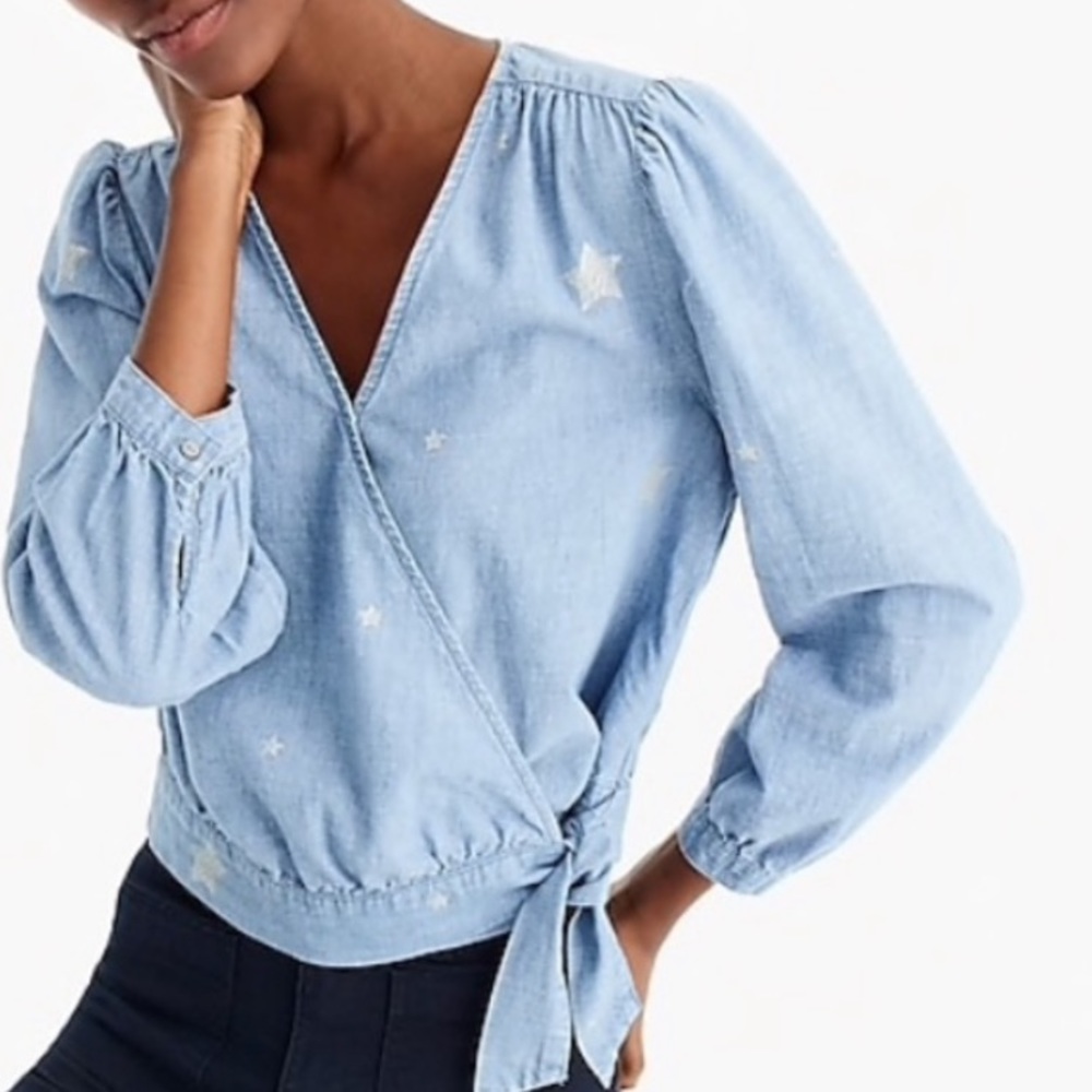 J. Crew Denim Long Sleeved Crop Blouse with Silver Star Pattern